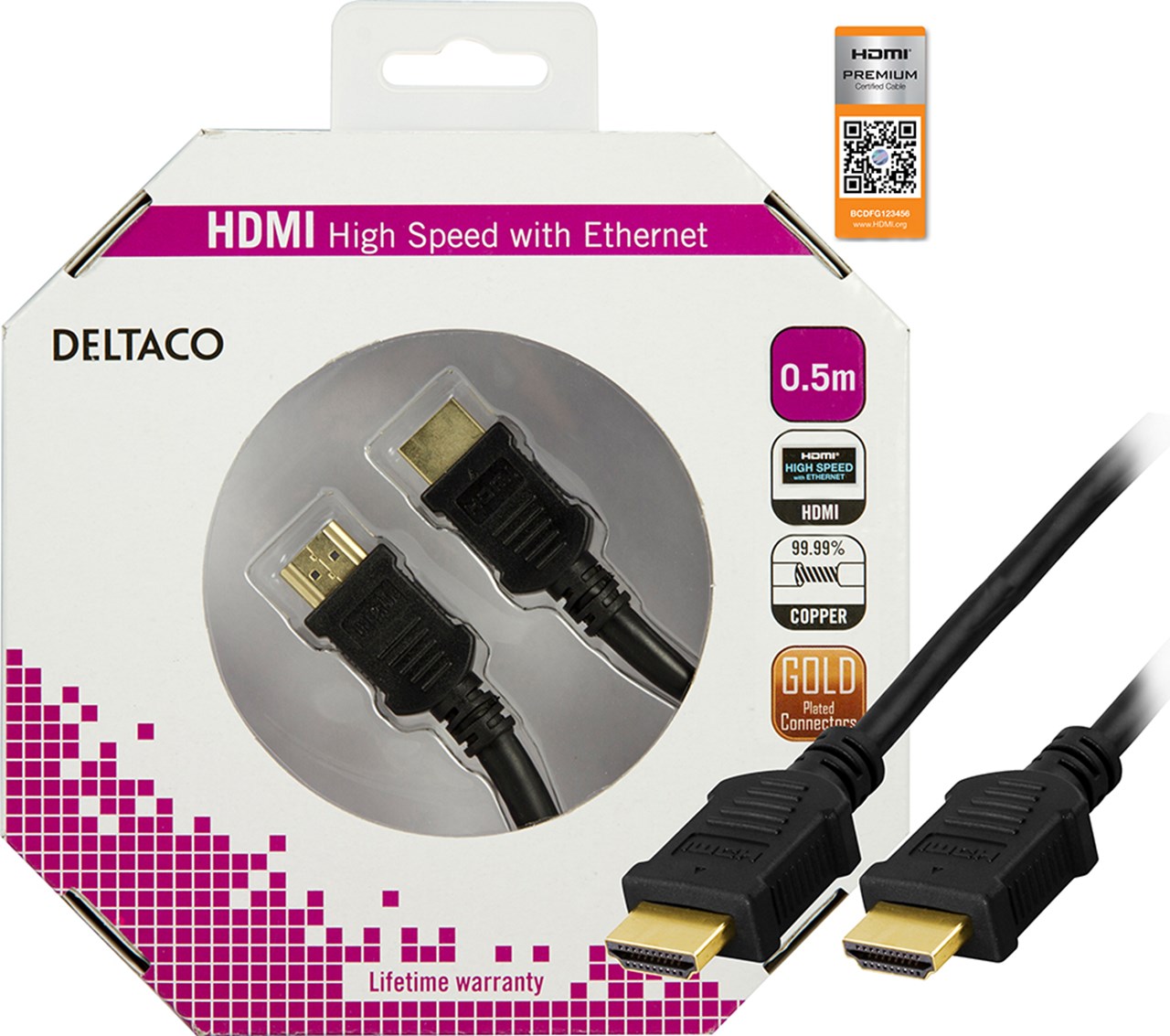 HDMI kabel Premium High Speed med Ethernet, 50cm, Guldbelagte stik, sort - PROconsult